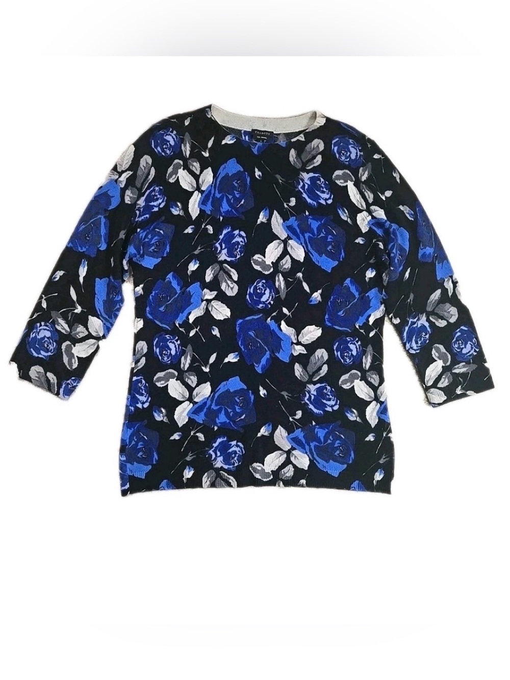 Talbots pure cashmere Floral Crewneck Sweater Blue/Black sz.MP EXCELLENT